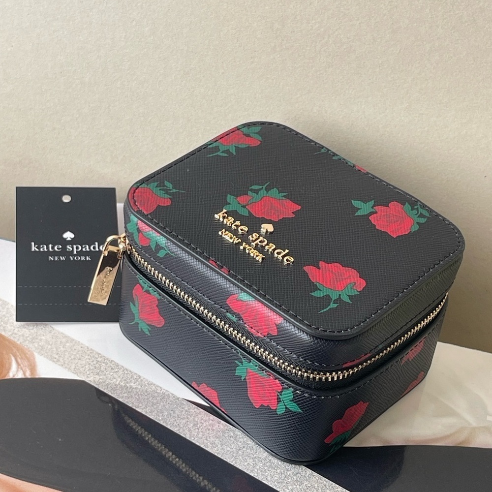 (new+tag) Kate Spade chic black jewelry box with vibrant red floral design